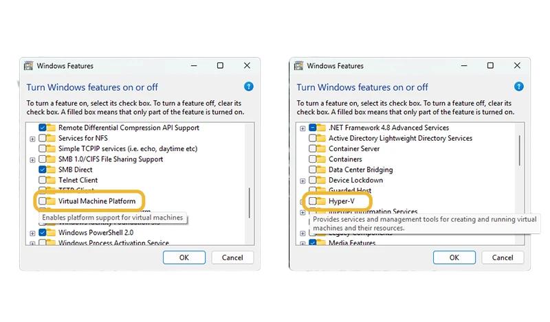 مرحله سوم حل مشکل intel vt-x با غیرفعال سازی HyperV در ویندوز 11