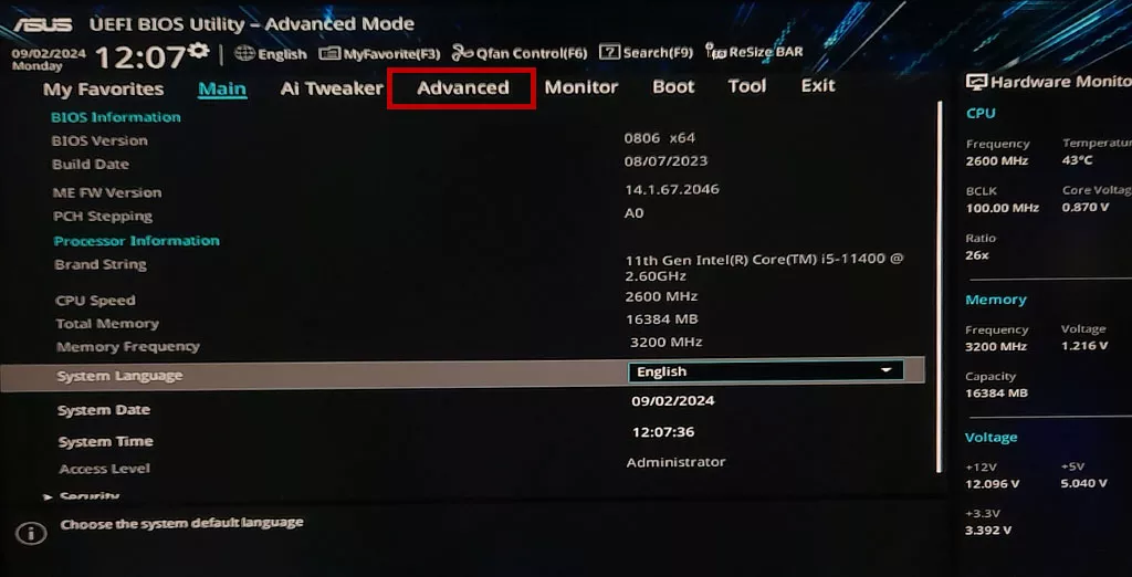 جستجو در منو برای پیدا کردن Advanced در بایوس