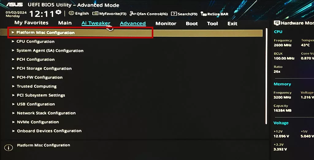 پیدا کردن Platform Misc Configuration در تب Advanced