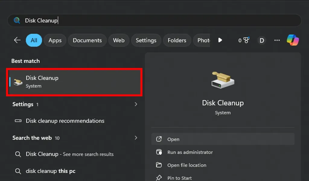 جستجو و باز کردن Disk Cleanup