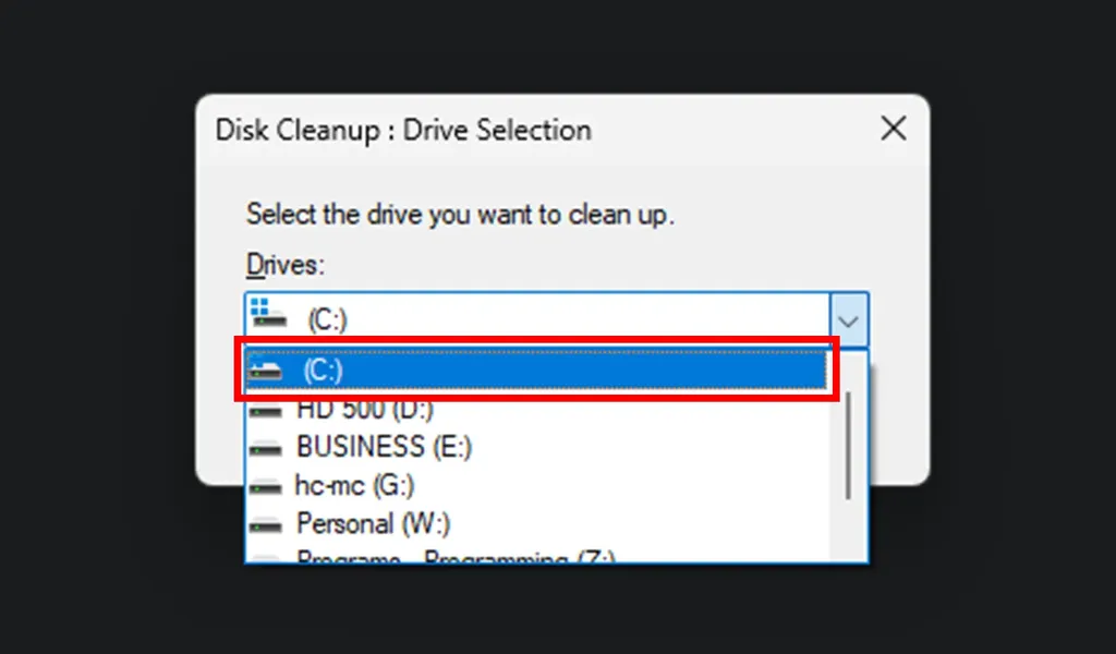 انتخاب درایو C از لیست کشویی