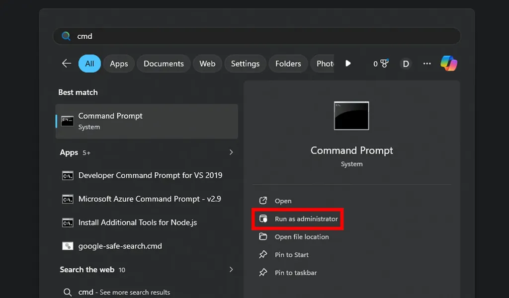 جستجوی CMD در ویندوز
