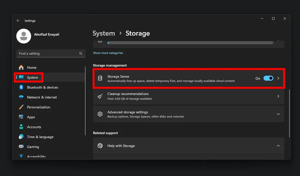 فعال کردن Storage Sense