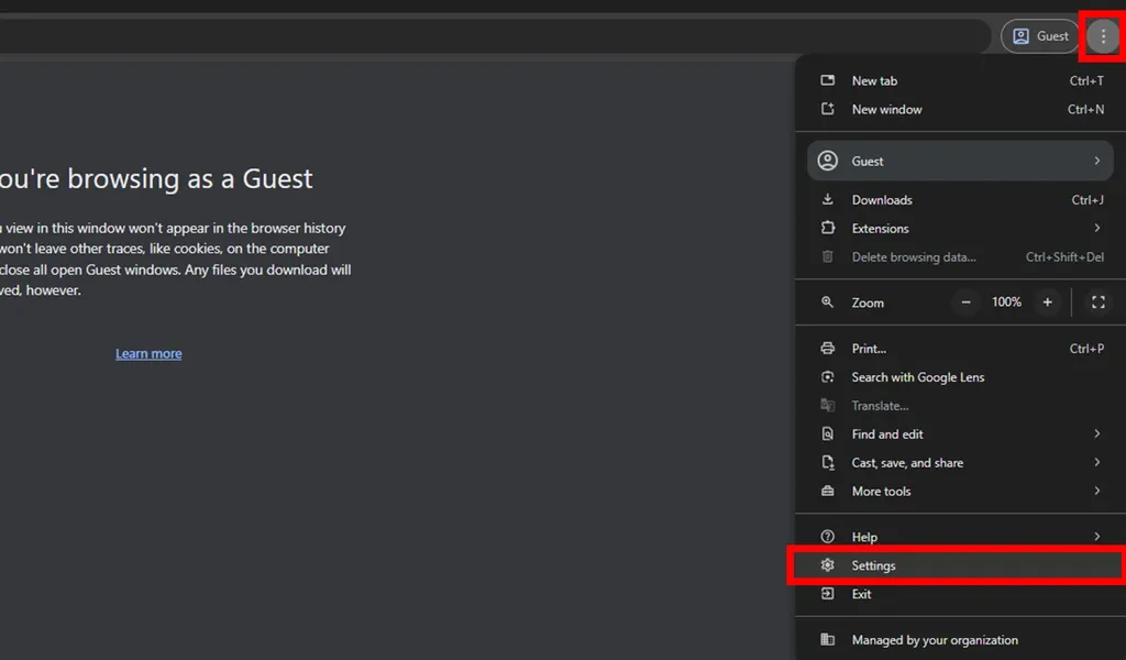 انتخاب تنظیمات در مرورگر کروم