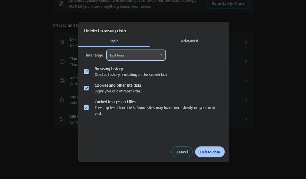 تایید نهایی و انتخاب مدت زمان برای پاک کردن کش در کروم