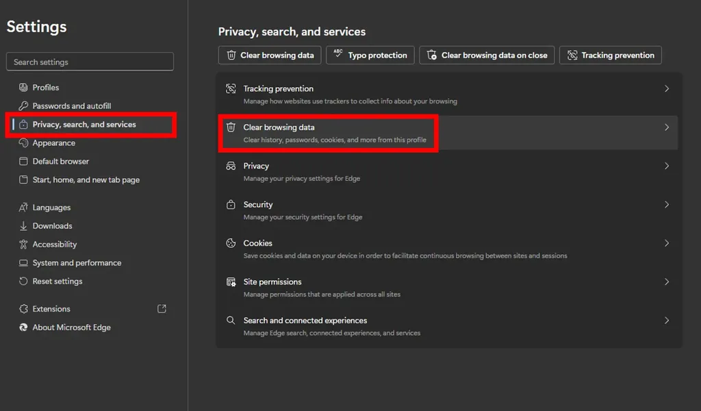 پاک کردن کش در مرورگر edge
