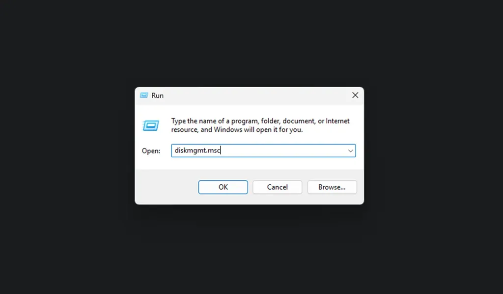 وارد کردن دستور diskmgmt.msc در ران ویندوز