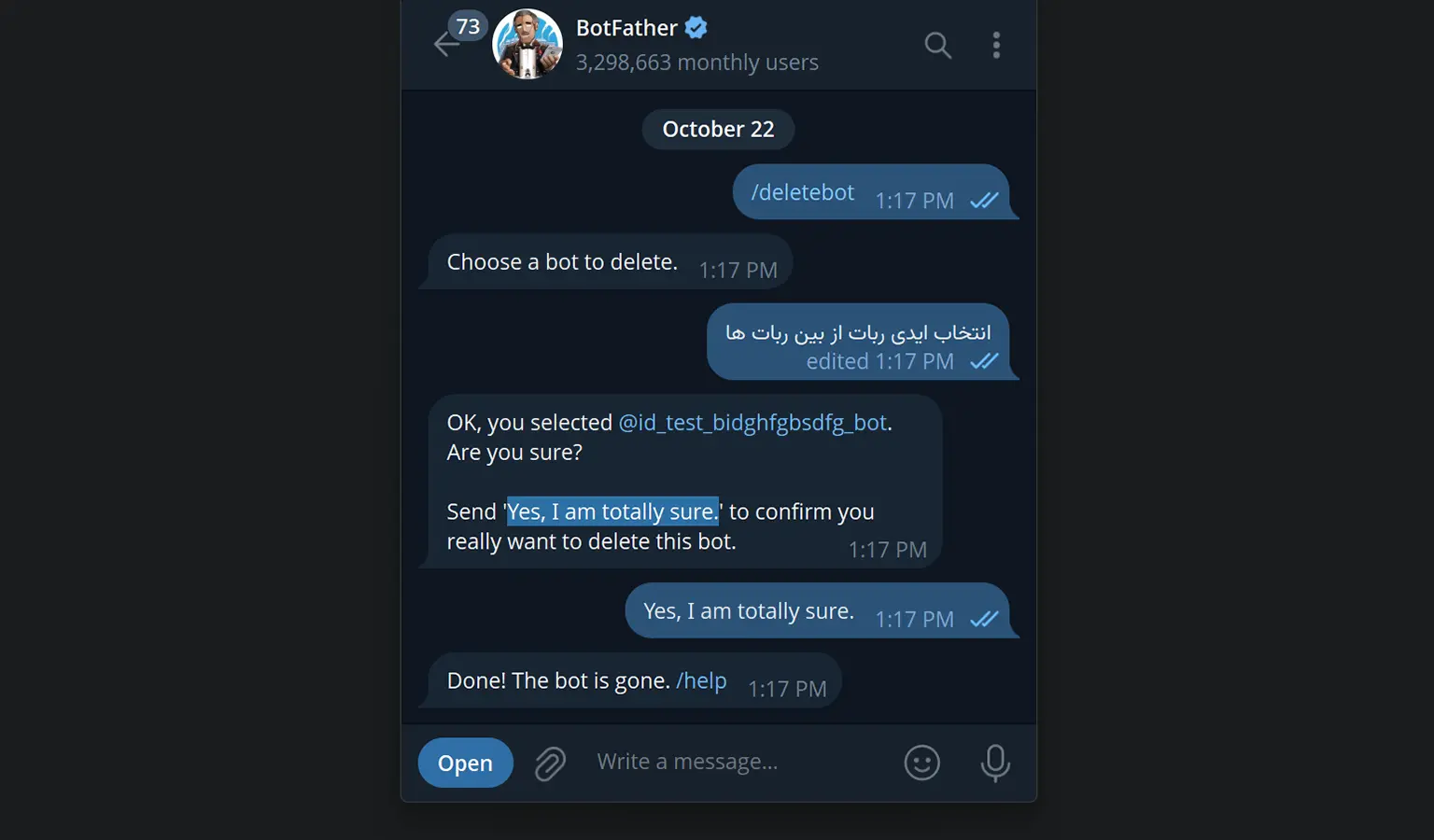 حذف کامل ربات تلگرام در بات فادر