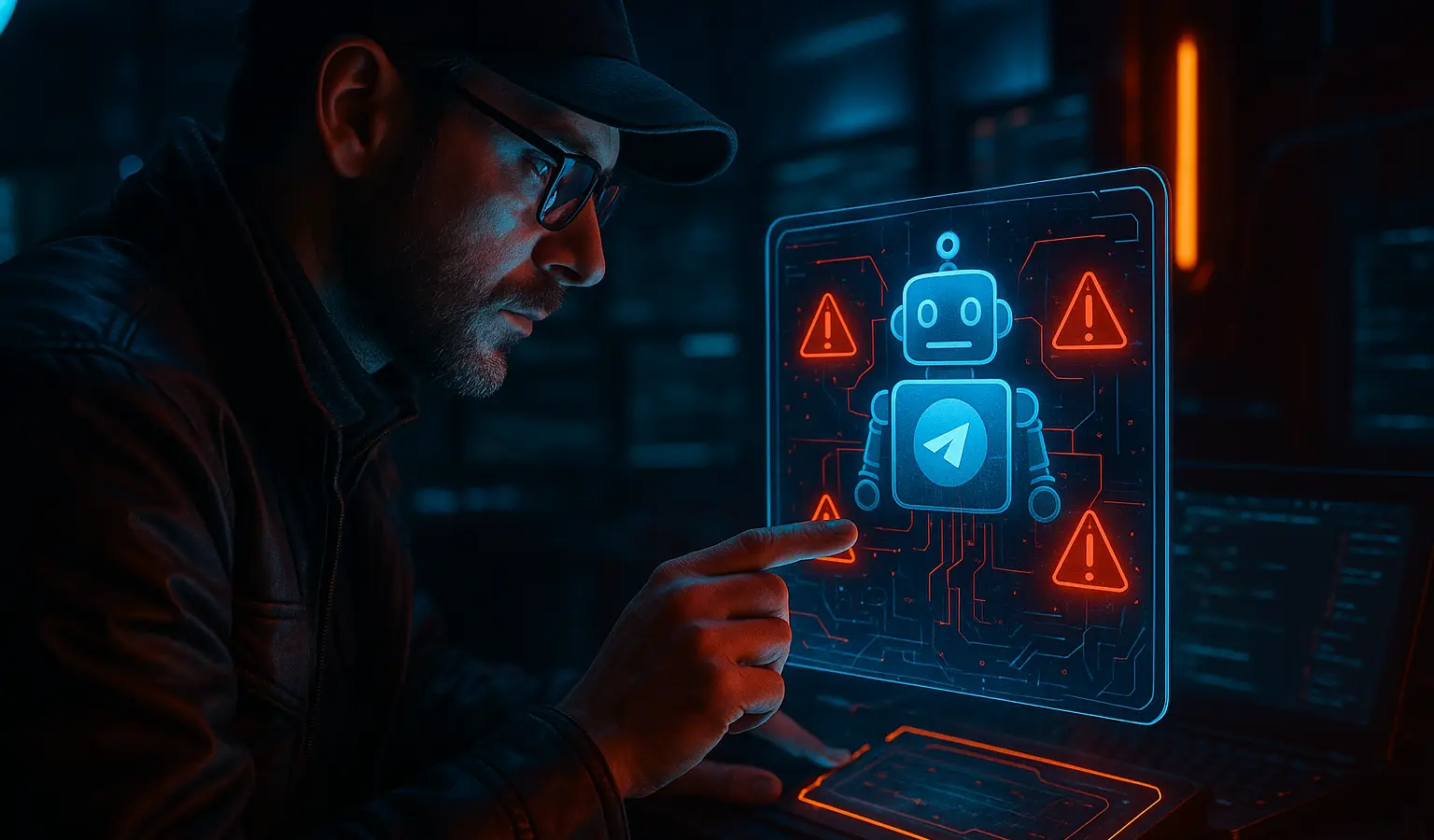 نمایی فوتورئال از تحلیلگر امنیتی در حال اسکن ربات تلگرام برای تشخیص ربات‌های خطرناک – بیت آموز