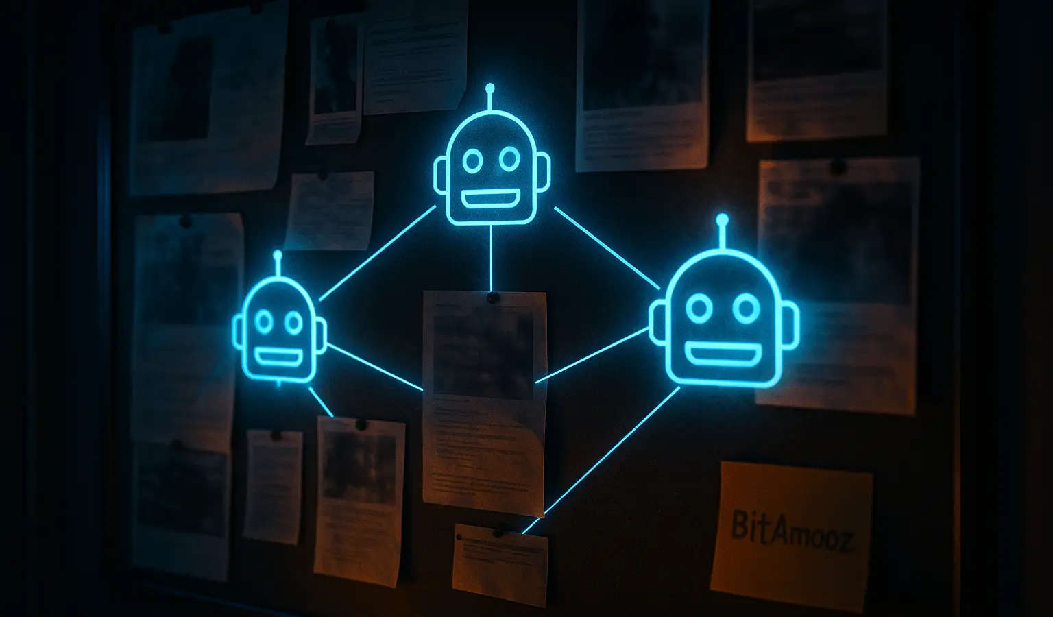 تصویری سینمایی از تخته تحقیقاتی جرایم سایبری با نمادهای ربات تلگرام و پرونده‌های محو شده – بیت آموز