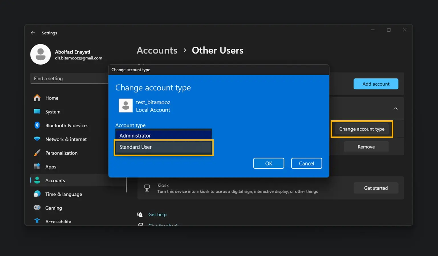 تغییر نوع حساب کاربری در ویندوز 11