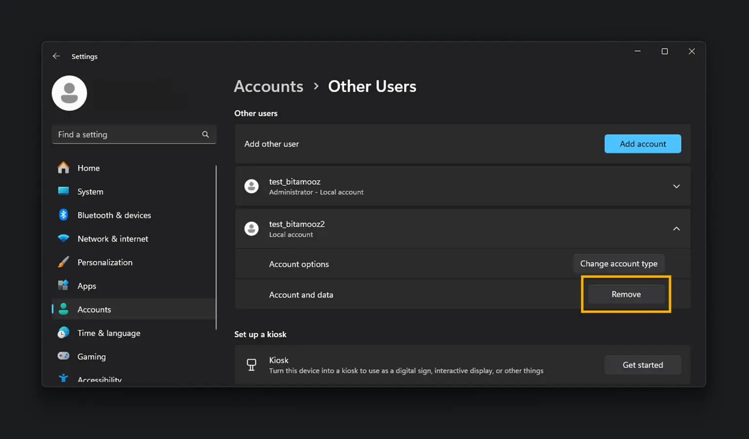 تصویر 2 حذف حساب کاربری ویندوز از طریق تنظیمات