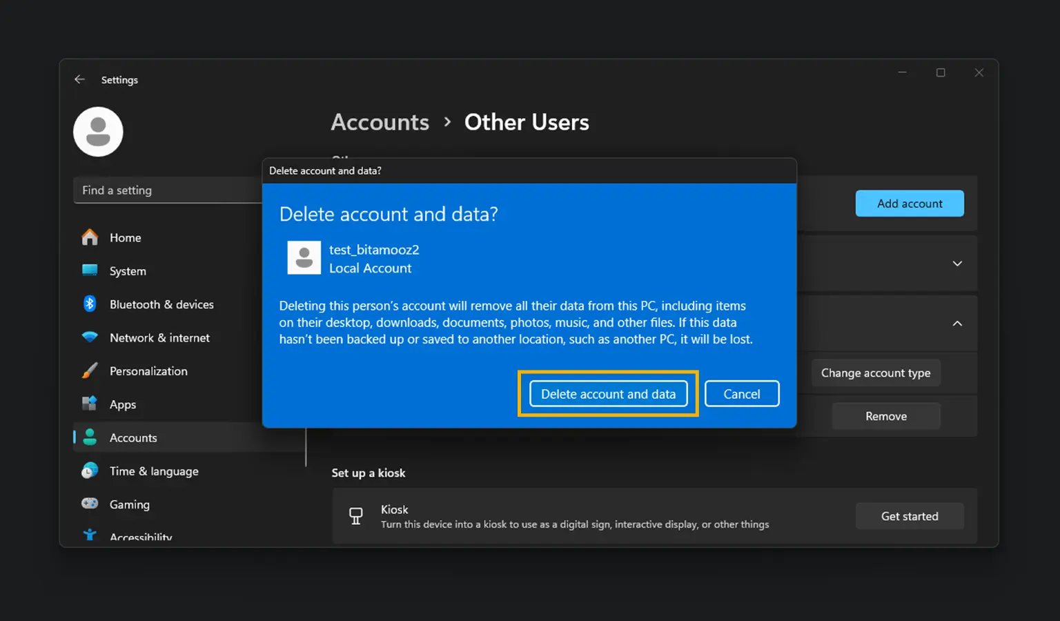 تصویر 3 حذف حساب کاربری ویندوز از طریق تنظیمات