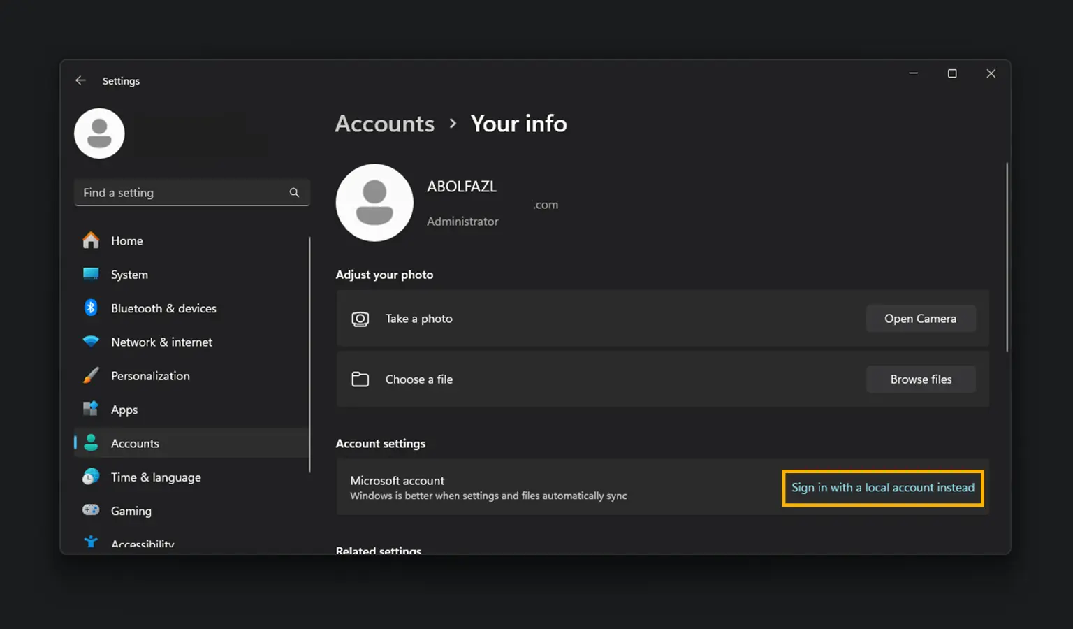 تصویر 1 حذف حساب مایکروسافت ویندوز