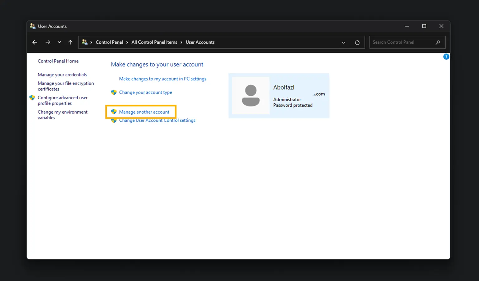 مرحله 1 حذف حساب کاربری ویندوز با کنترل پنل ویندوز