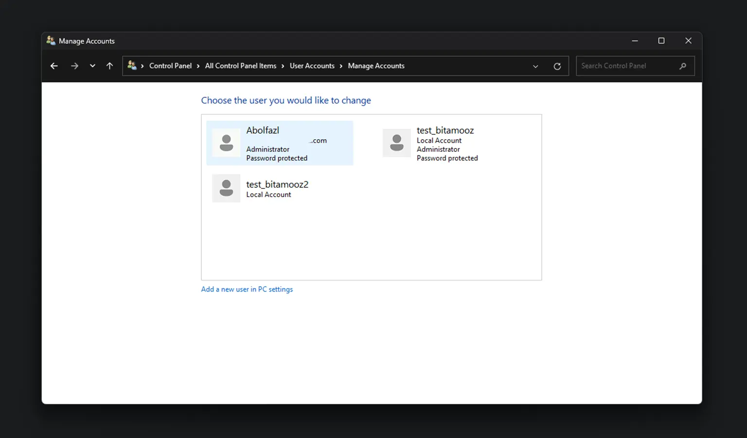 مرحله 2 حذف حساب کاربری ویندوز با کنترل پنل ویندوز