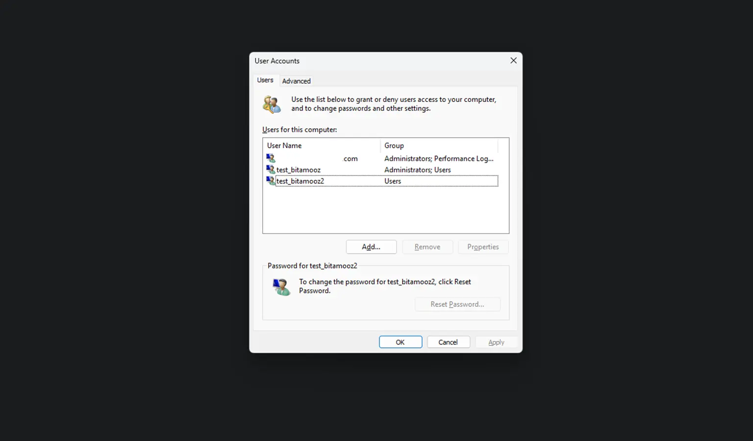 تصویر پنل netplwiz