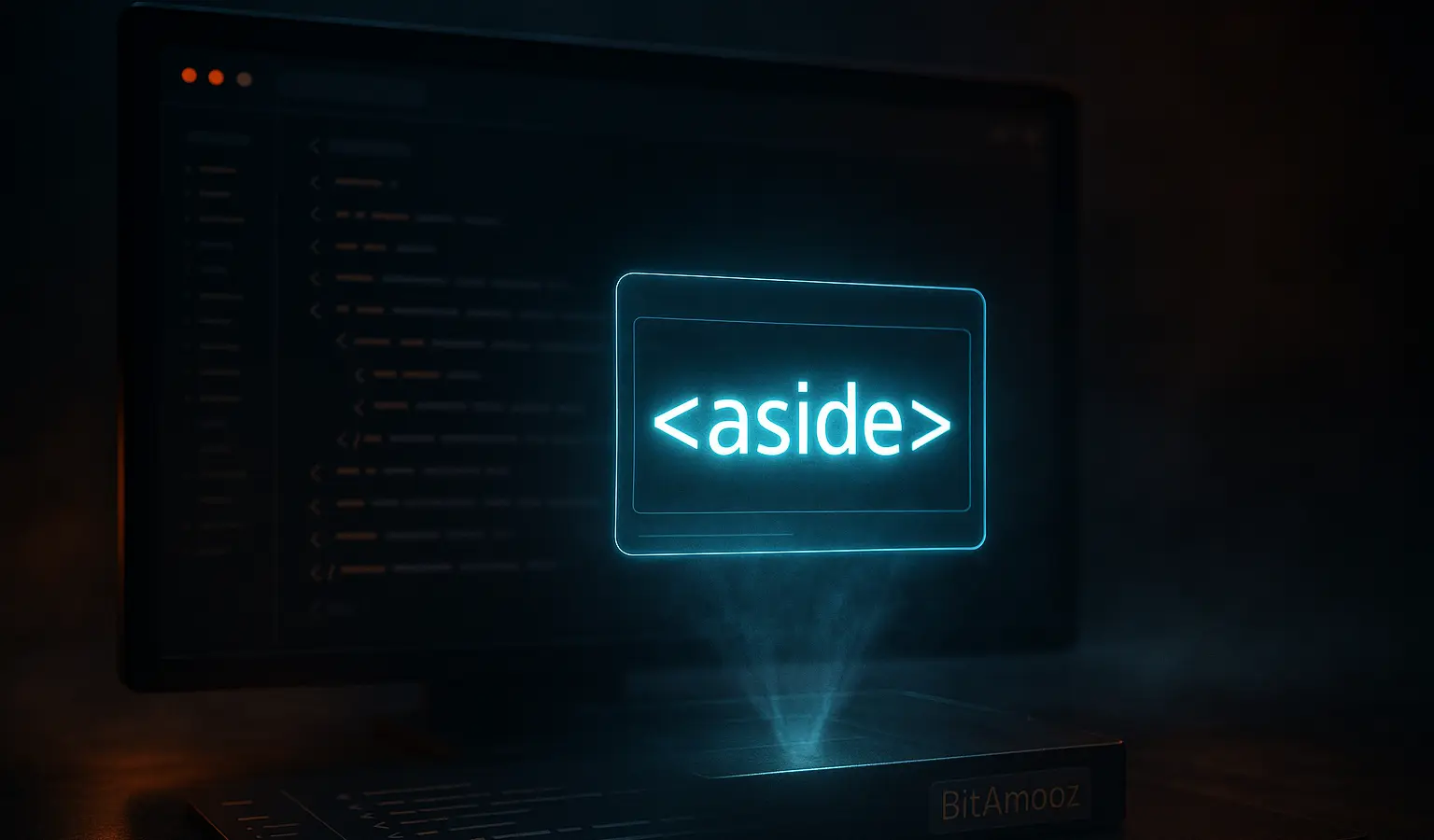 تصویر سینماتیک و واقعی از معرفی تگ aside در HTML با سبک دارک و جلوه‌های آبی و نارنجی