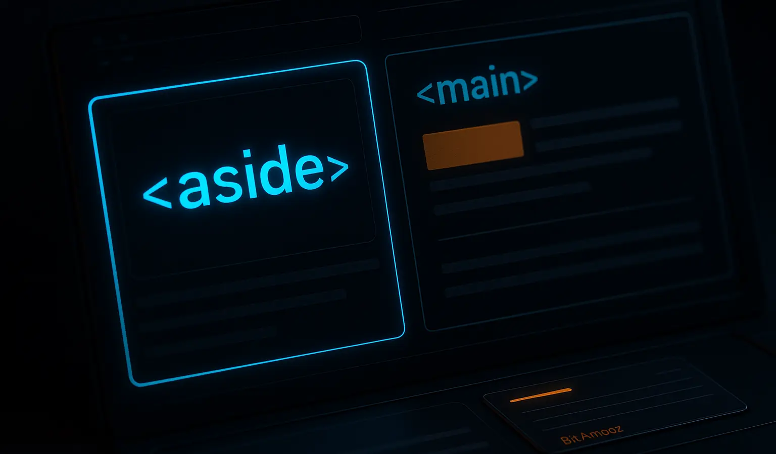 تصویر واقعی و دارک از نحوه استفاده صحیح تگ aside در HTML با نشانه‌گذاری بصری