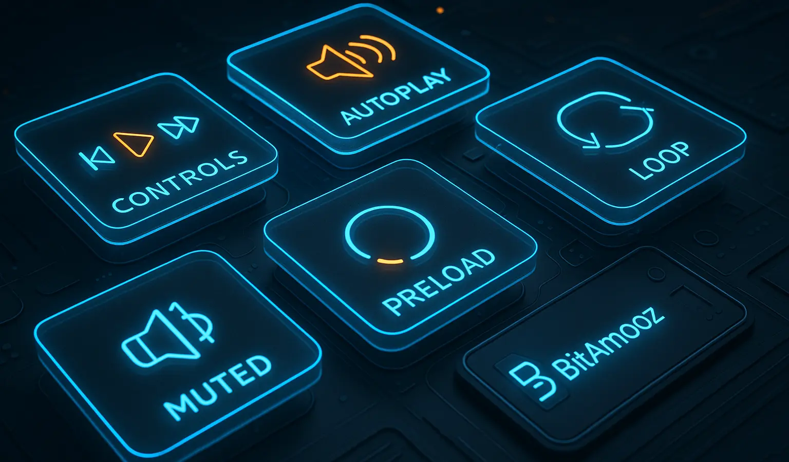 تصویر نمایش‌دهنده اتریبیوت‌های مهم تگ audio و کاربرد هرکدام به‌صورت هولوگرافیک