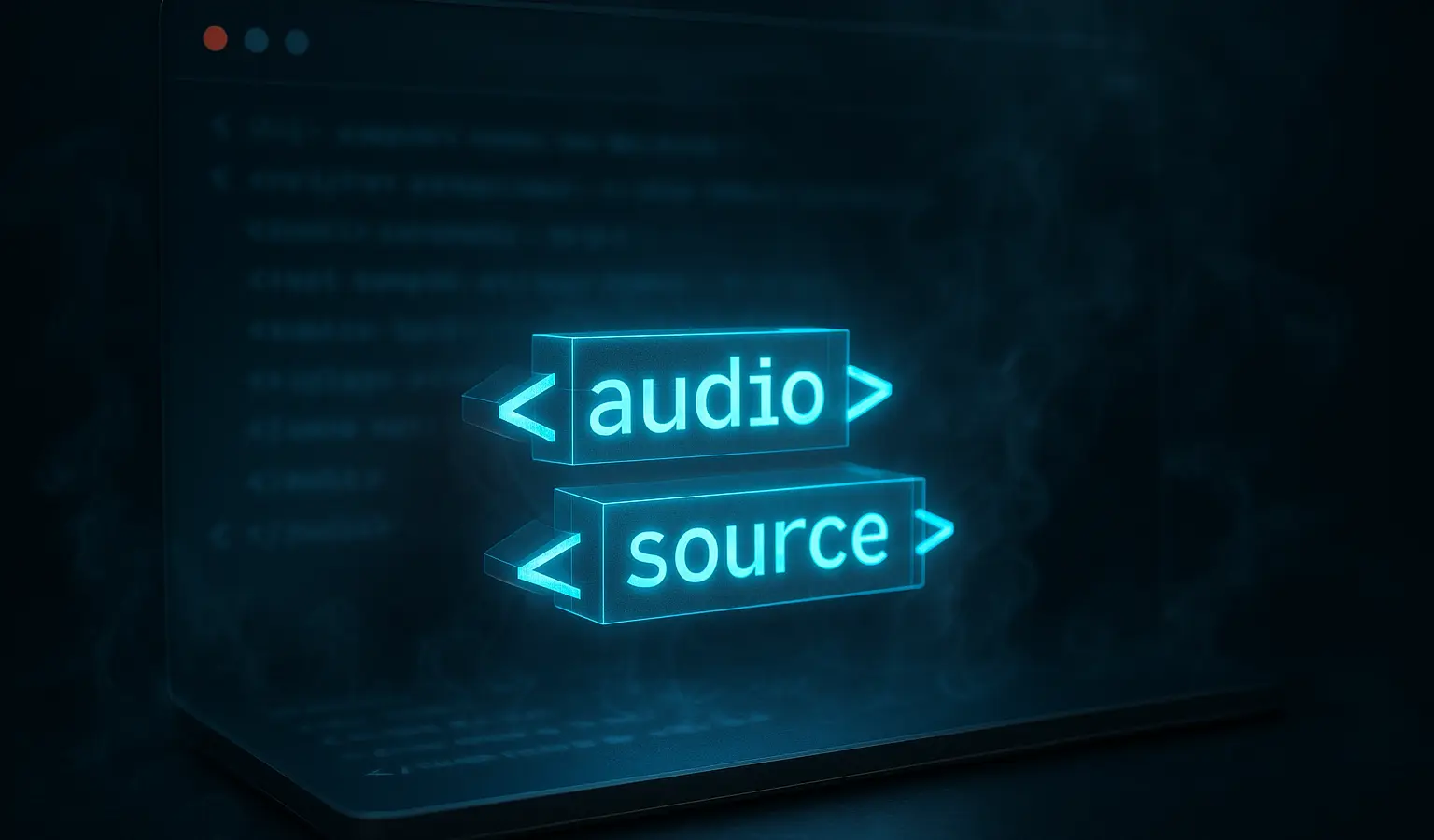 نمایش ساختار ساده و پایه تگ audio در HTML در قالب تصویر سینماتیک و دارک