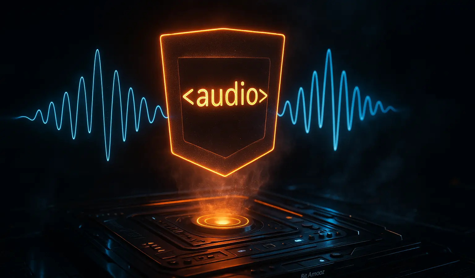 تصویر سینماتیک از معرفی تگ audio در HTML با موج‌های صوتی و فضای دارک