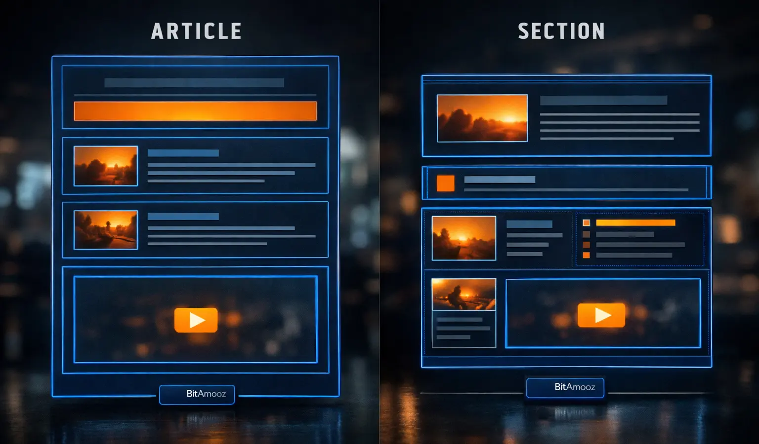 تفاوت تگ article و section در HTML معنایی به‌صورت تصویری