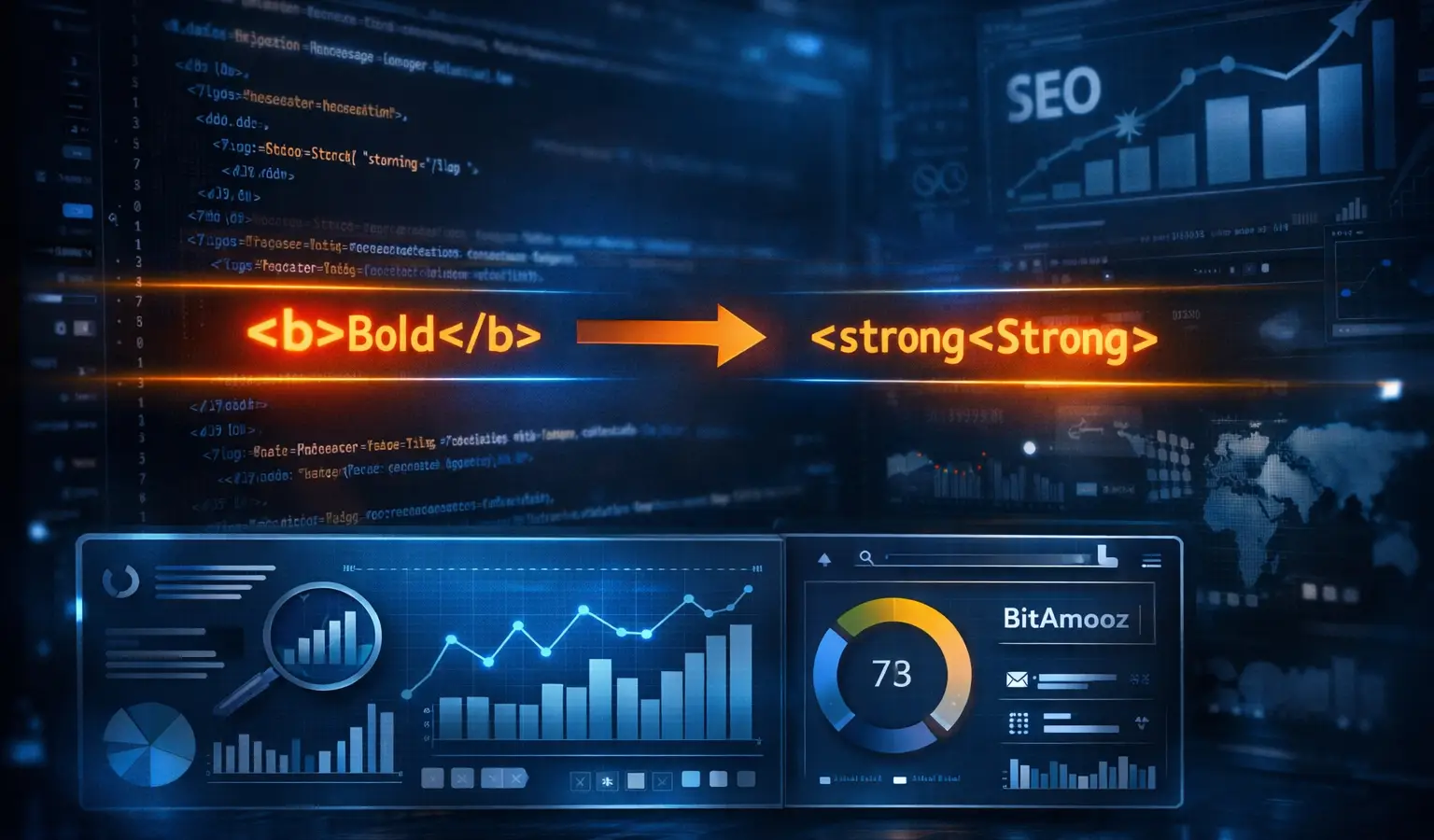 بررسی تاثیر تگ b و strong در سئو با نمایش مقایسه‌ای کد HTML