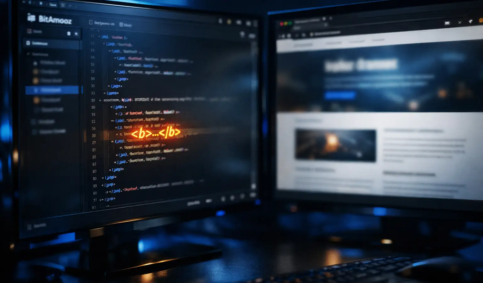 معرفی تگ b در HTML همراه با نمونه کد بولد شده در محیط دارک