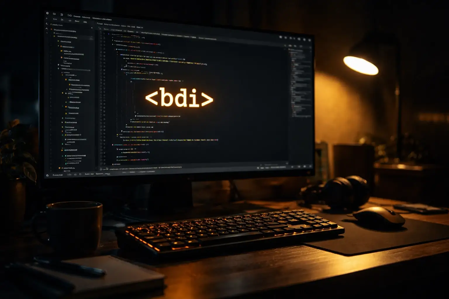 نمای محیط برنامه‌نویسی دارک با نمایش تگ bdi در ویرایشگر HTML