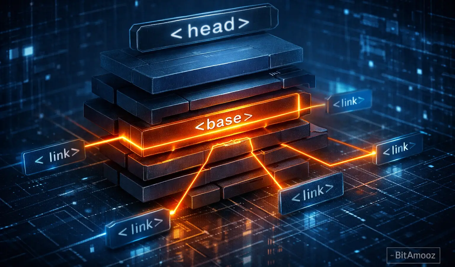 دیاگرام ساختار head در HTML با نمایش نقش تگ base در تعیین مسیر لینک‌ها
