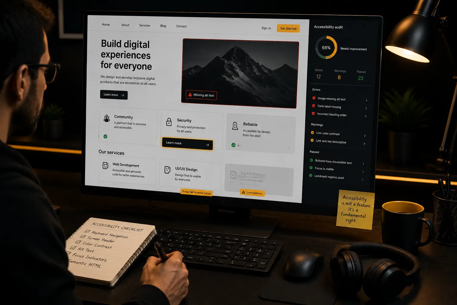 نمایش محیط تست دسترس‌پذیری وب در مانیتور توسعه