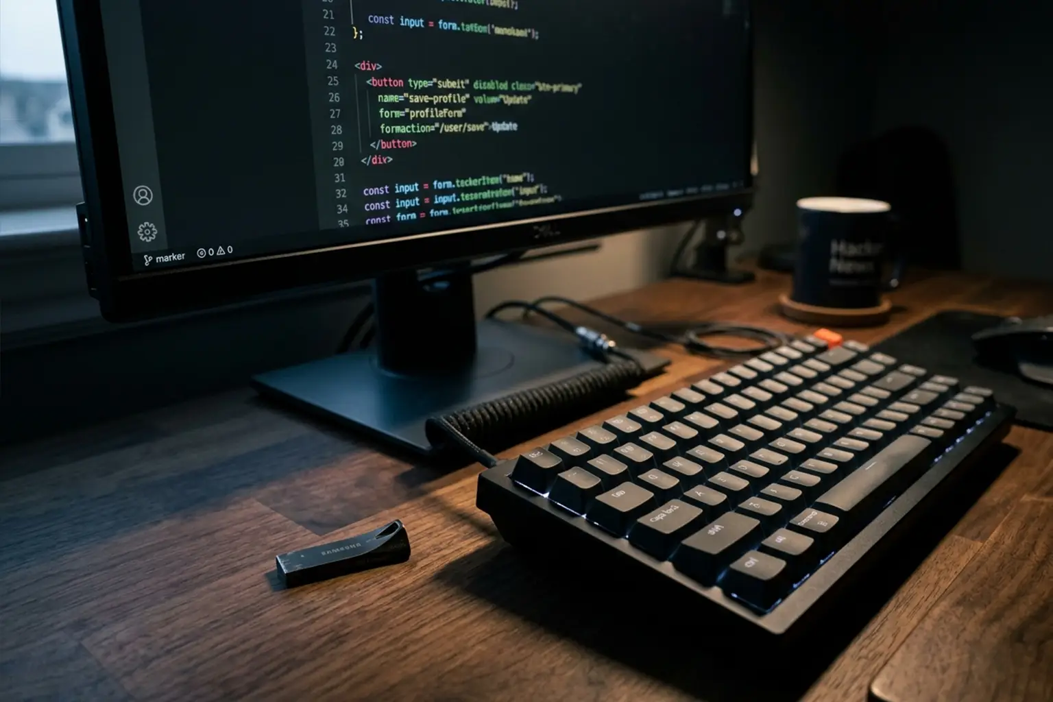 کد HTML شامل اتریبیوت‌های مهم تگ button در محیطی با نورپردازی تاریک.