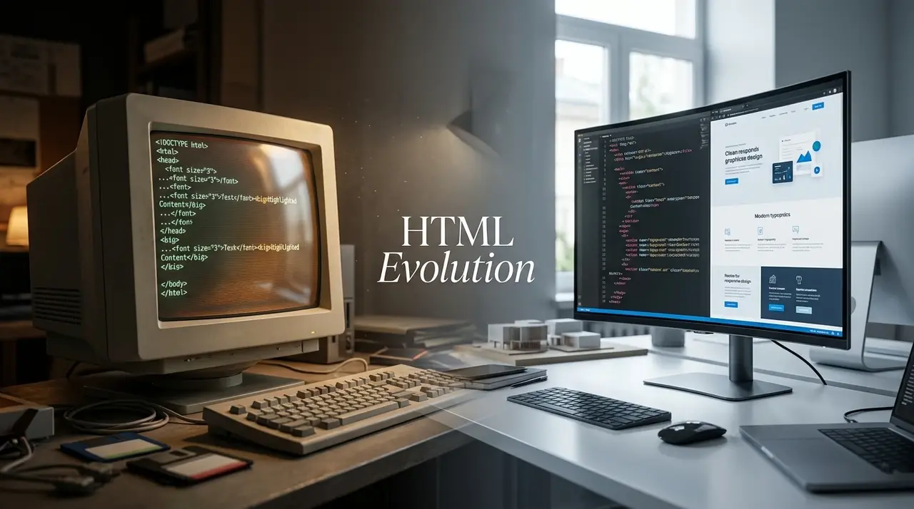 نمای مفهومی از تحول HTML از نسخه‌های قدیمی تا HTML5