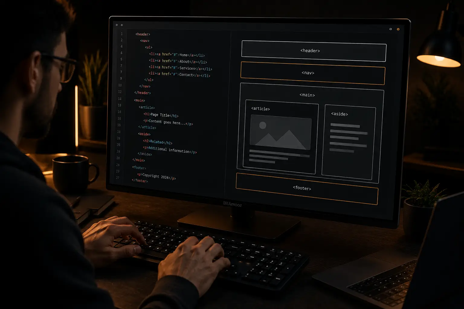 نمایش ساختار HTML معنایی شامل header، nav، main و article برای بهبود دسترس‌پذیری وب