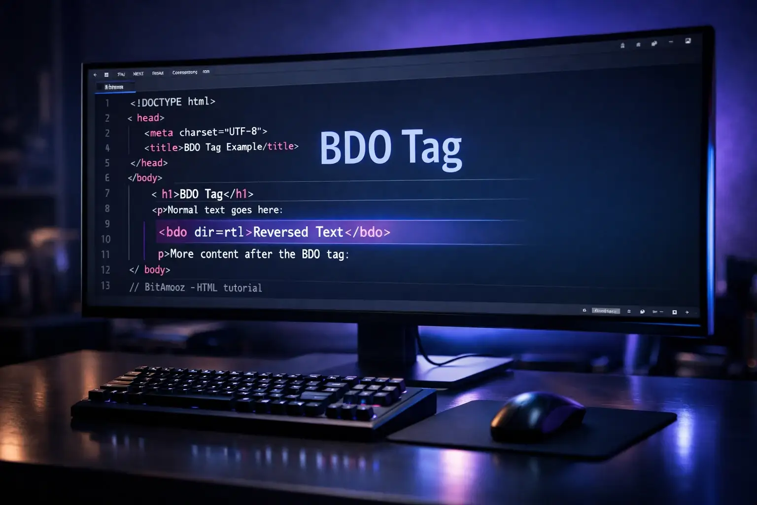 نمایش تگ bdo در محیط کدنویسی HTML
