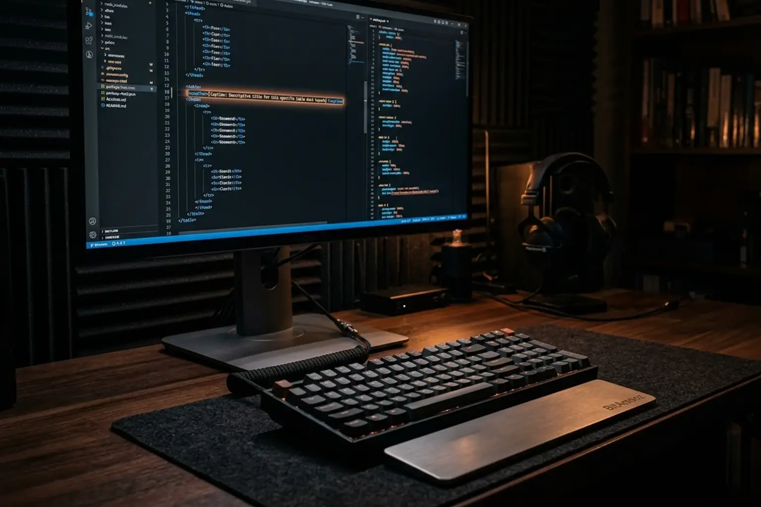 محیط برنامه‌نویسی دارک با نمایش ساختار صحیح استفاده از تگ caption داخل جدول HTML روی مانیتور