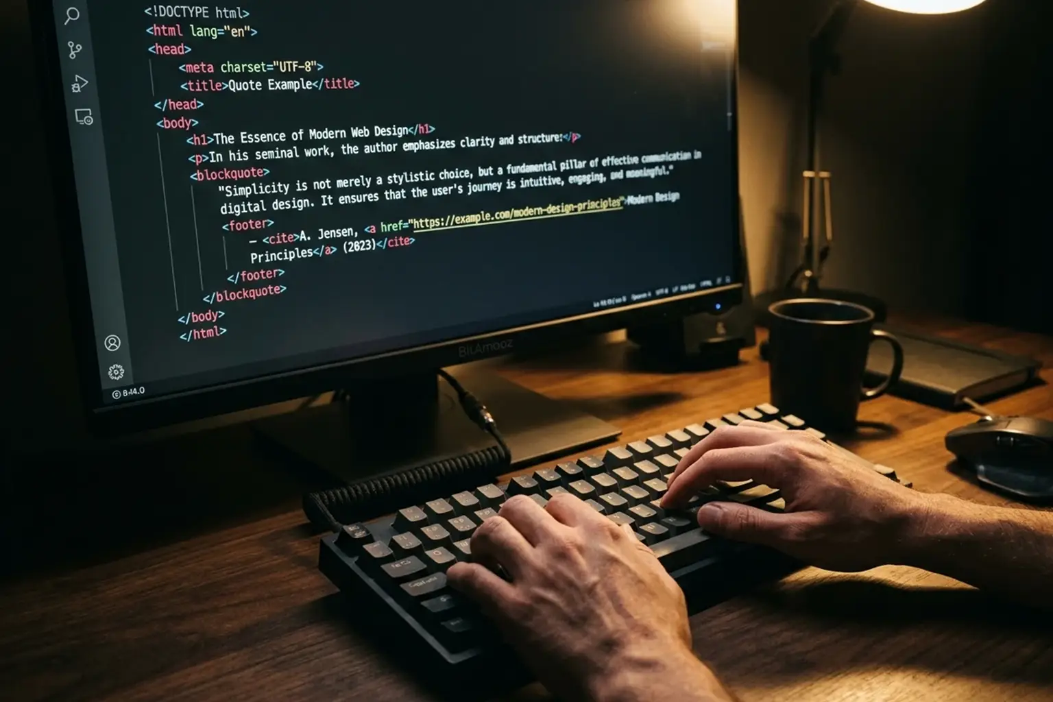محیط برنامه‌نویسی تیره با نمایش نمونه کد HTML شامل تگ cite در کنار blockquote و لینک برای آموزش نحوه استفاده
