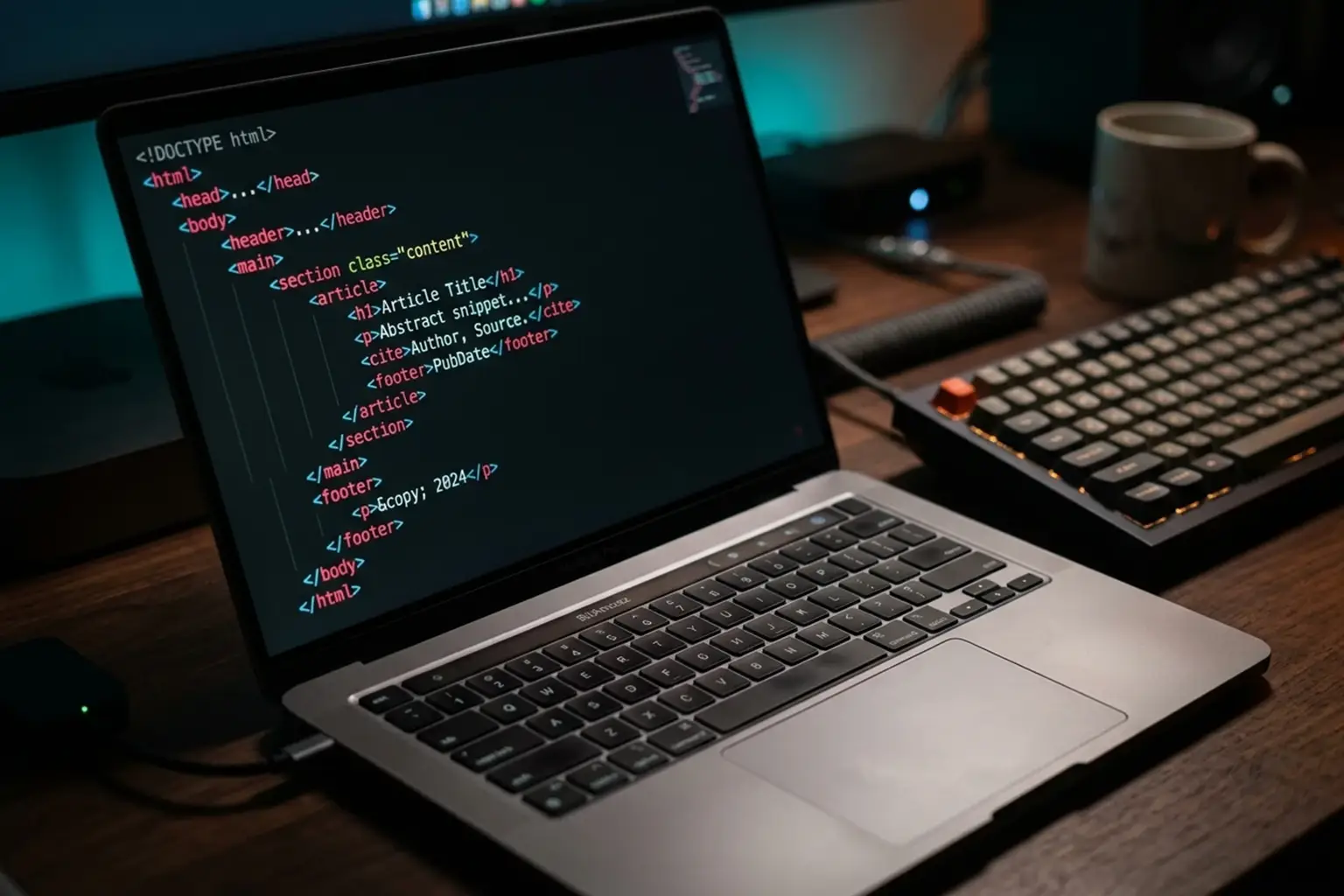 نمایی از ادیتور کد HTML در تم تیره با نمایش تگ cite برای معرفی مفهوم و تعریف تگ cite در HTML در محیط برنامه‌نویسی