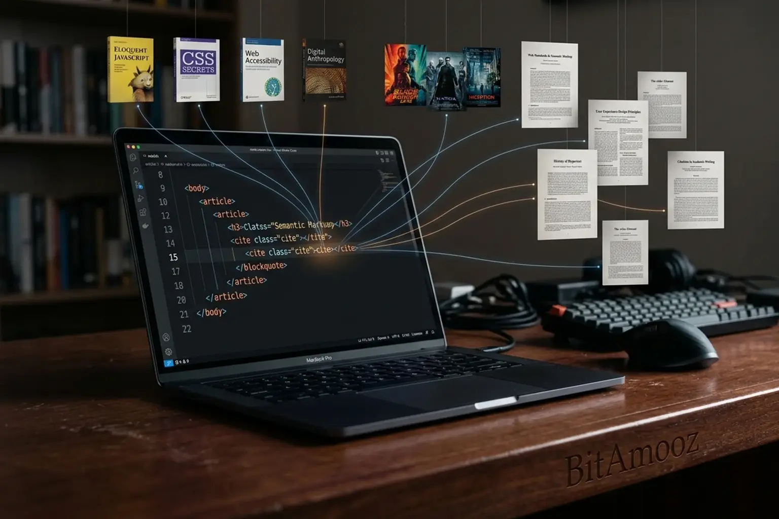 تصویر مفهومی کاربرد تگ cite در HTML برای ارجاع به کتاب‌ها، فیلم‌ها و مقالات علمی در یک محیط کاری تیره