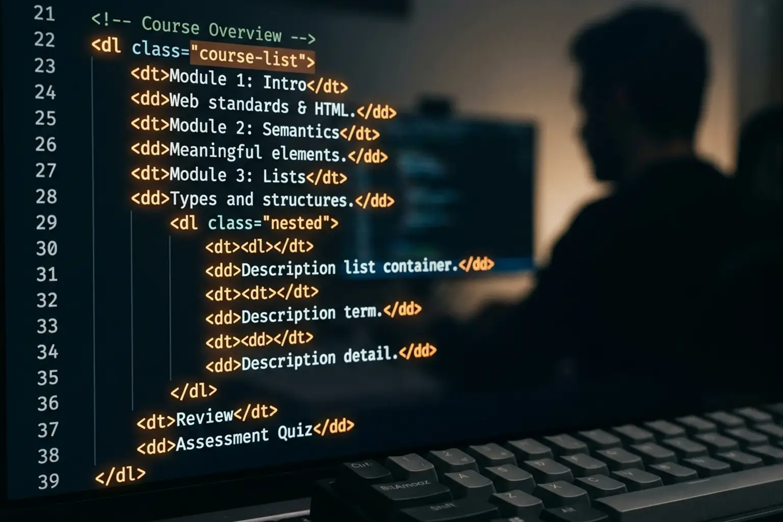 تصویر نزدیک از محیط کدنویسی HTML با نمایش تگ‌های dl، dt و dd در نور طلایی ملایم و پس‌زمینه تاریک
